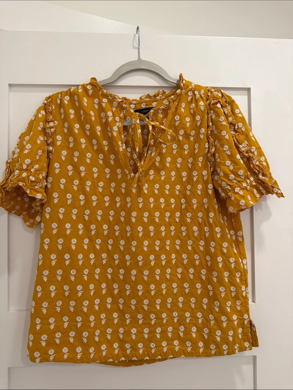 J.Crew XS Embroidered Floral Ruffle Blouse Mustard Yellow Cotton Boho